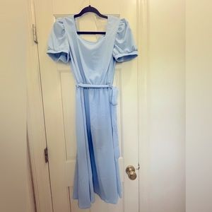 Blue Puff Sleeve Belted Dress